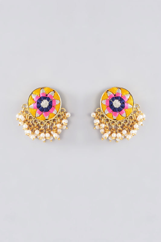 Matte Gold Finish Fog Yellow Thread Embroidered Stud Earrings