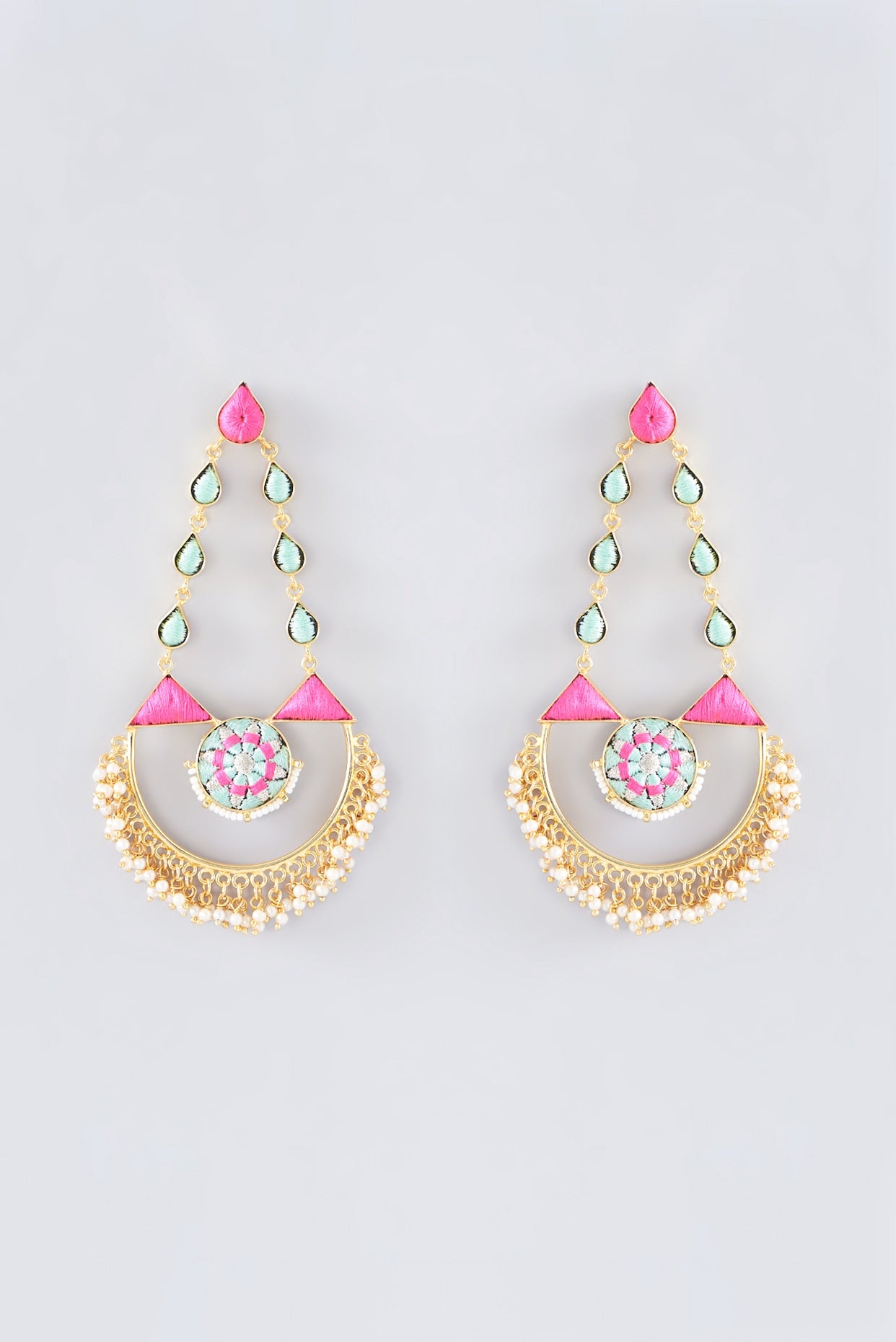 Matte Gold Finish Hot Pink Thread Embroidered Chandbali Earrings