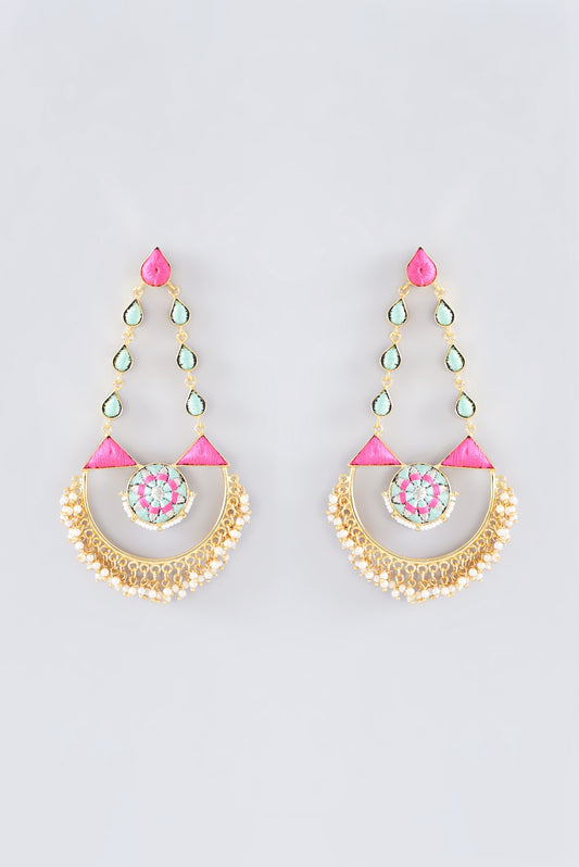 Matte Gold Finish Hot Pink Thread Embroidered Chandbali Earrings