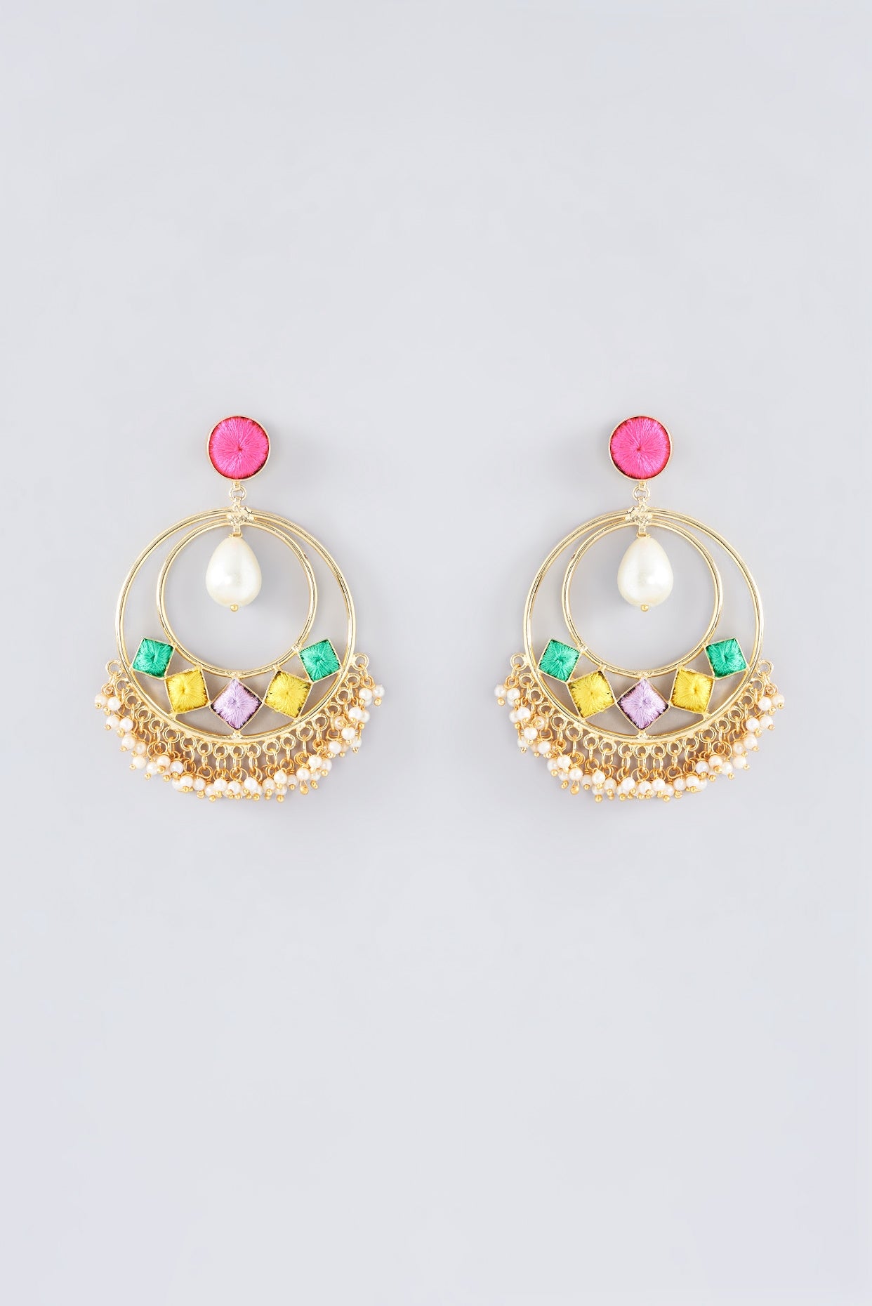 Matte Gold Finish Multi-Colored Thread Embroidered Chandbali Earrings