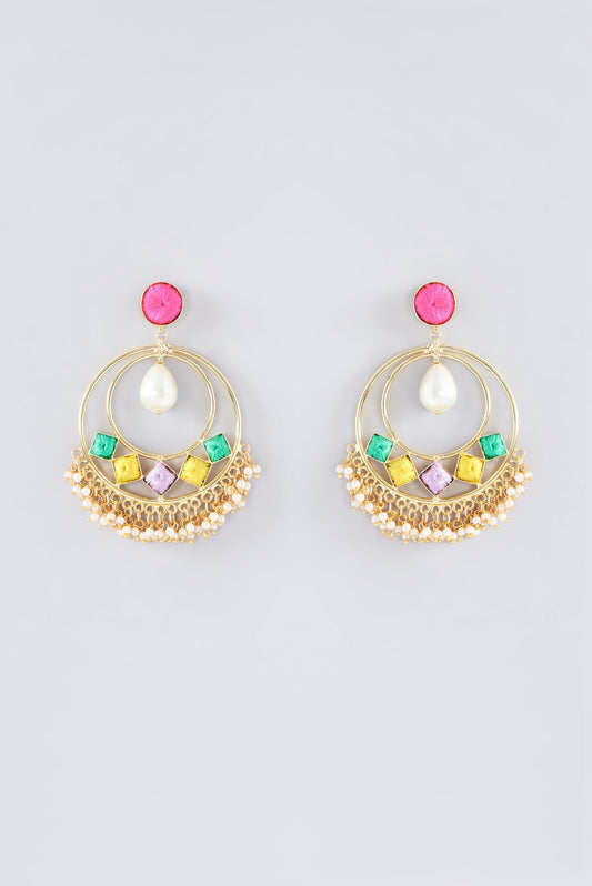 Matte Gold Finish Multi-Colored Thread Embroidered Chandbali Earrings