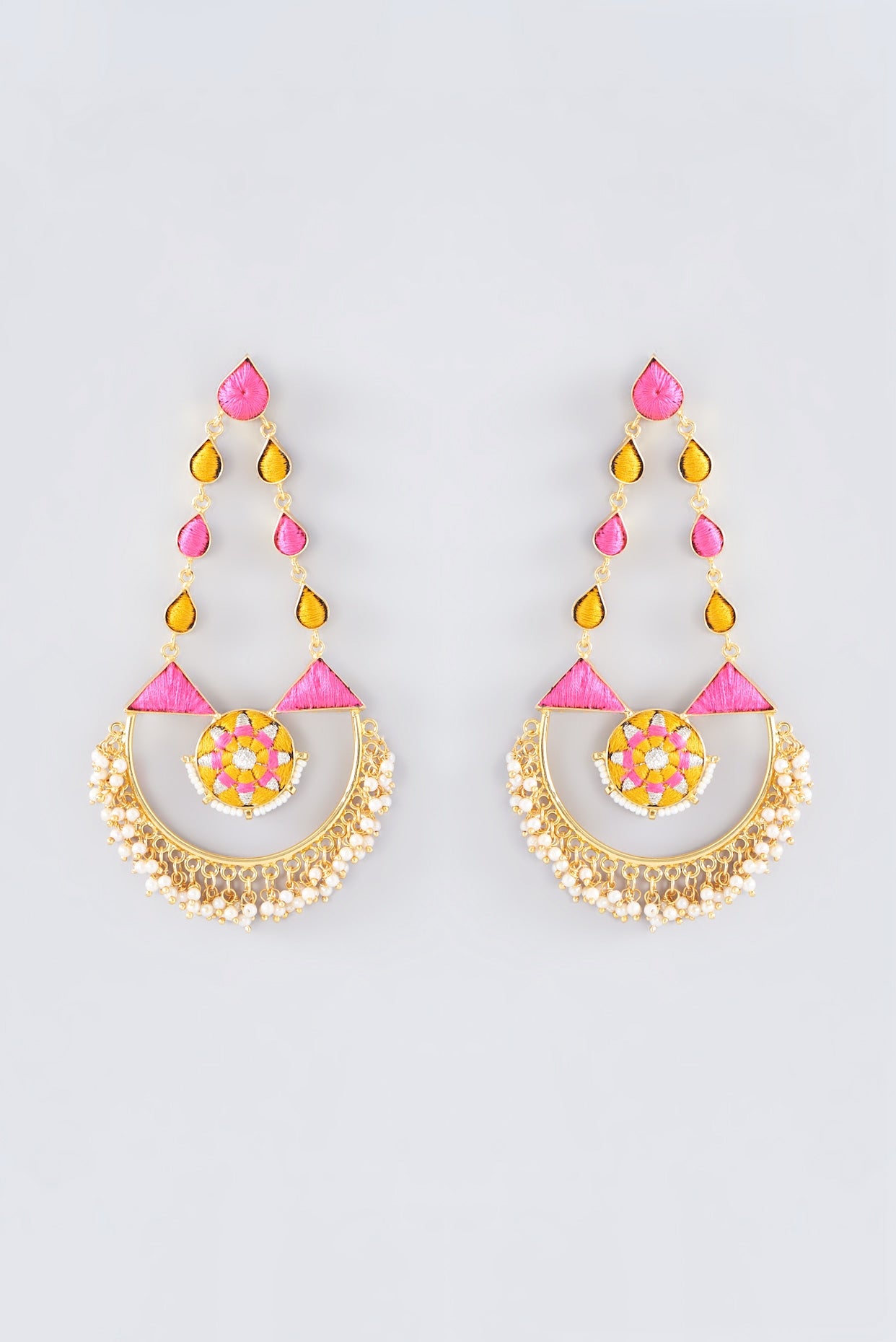 Matte Gold Finish Hot Pink Thread Embroidered Chandbali Earrings