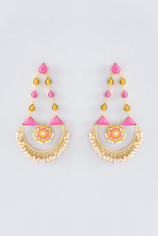 Matte Gold Finish Hot Pink Thread Embroidered Chandbali Earrings