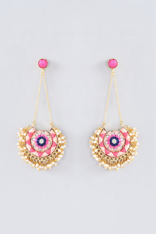 Matte Gold Finish Peach Pink Thread Embroidered Chandbali Earrings