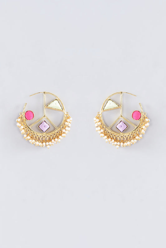 Matte Gold Finish Multi-Colored Thread Embroidered Hoop Earrings