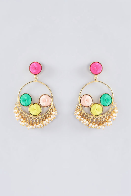 Matte Gold Finish Multi-Colored Thread Embroidered Chandbali Earrings