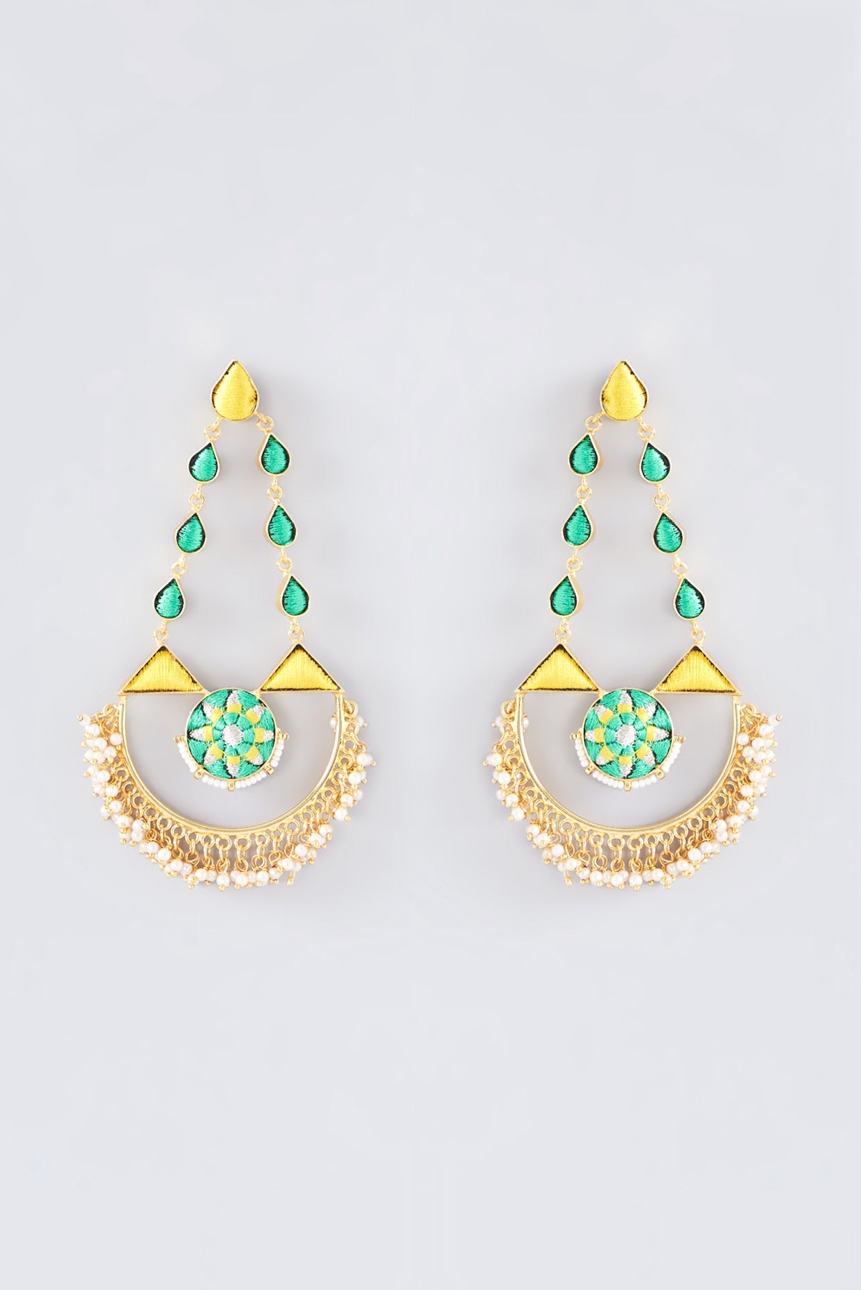 Matte Gold Finish Lime Green Thread Embroidered Half Moon Earrings