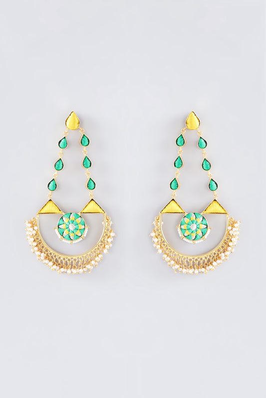 Matte Gold Finish Lime Green Thread Embroidered Half Moon Earrings