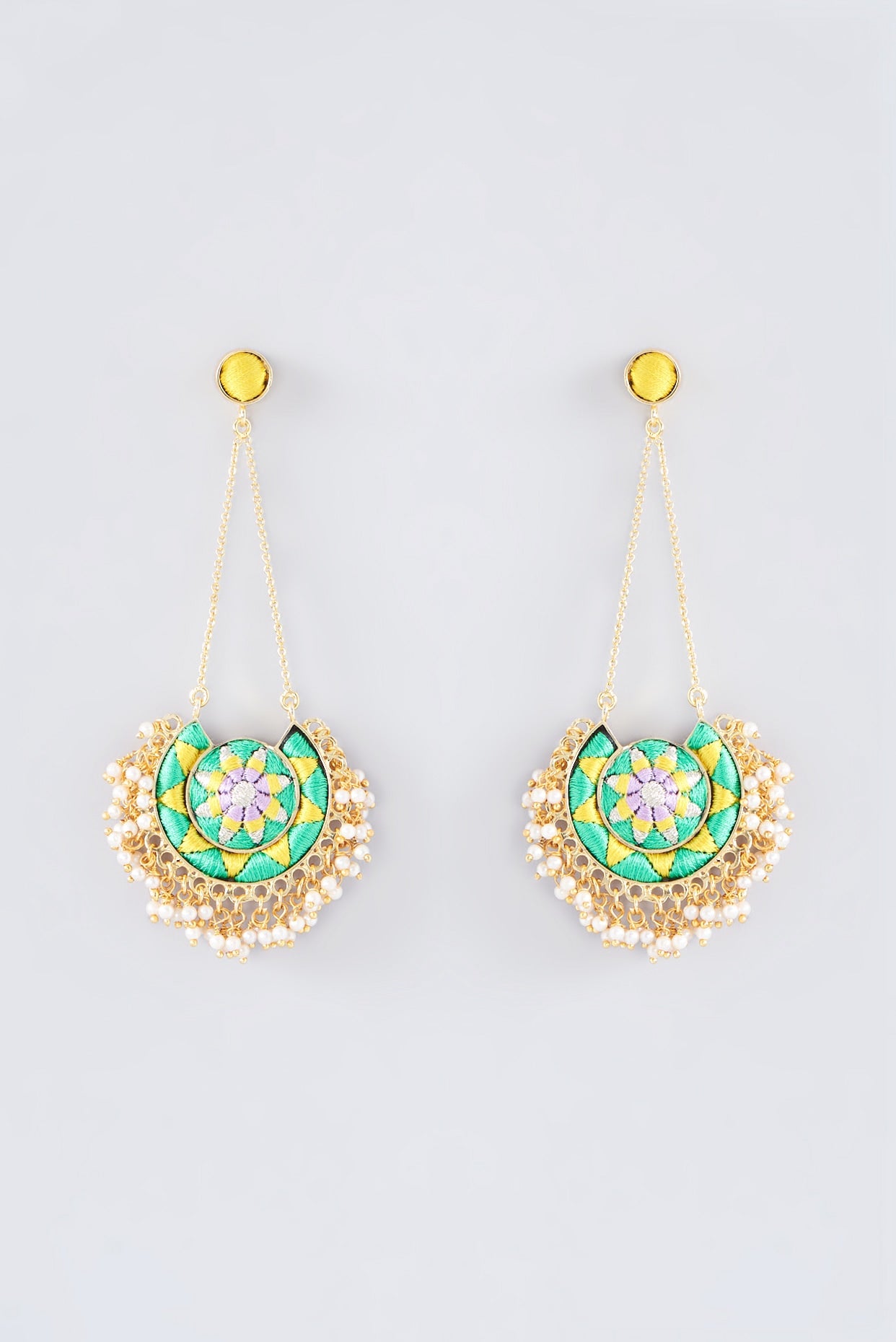 Matte Gold Finish Green Thread Embroidered Chandbali Earrings