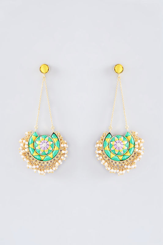 Matte Gold Finish Green Thread Embroidered Chandbali Earrings