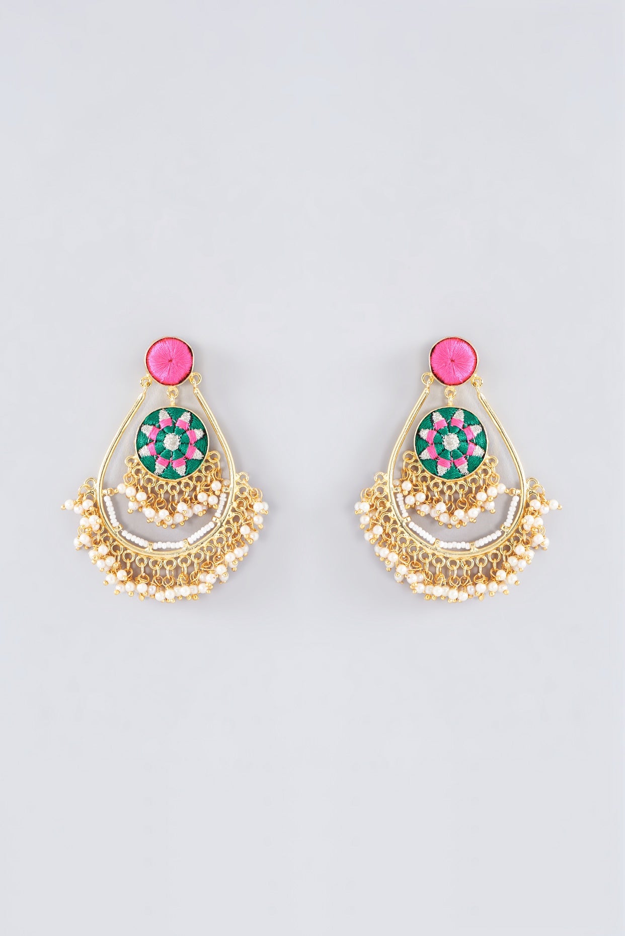 Matte Gold Finish Bottle Green Thread Embroidered Chandbali Earrings