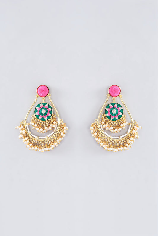 Matte Gold Finish Bottle Green Thread Embroidered Chandbali Earrings