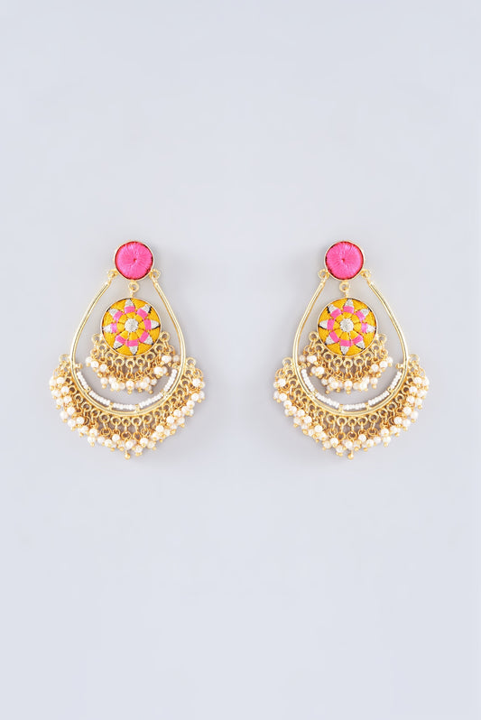 Matte Gold Finish Marigold Yellow Thread Embroidered Chandbali Earrings