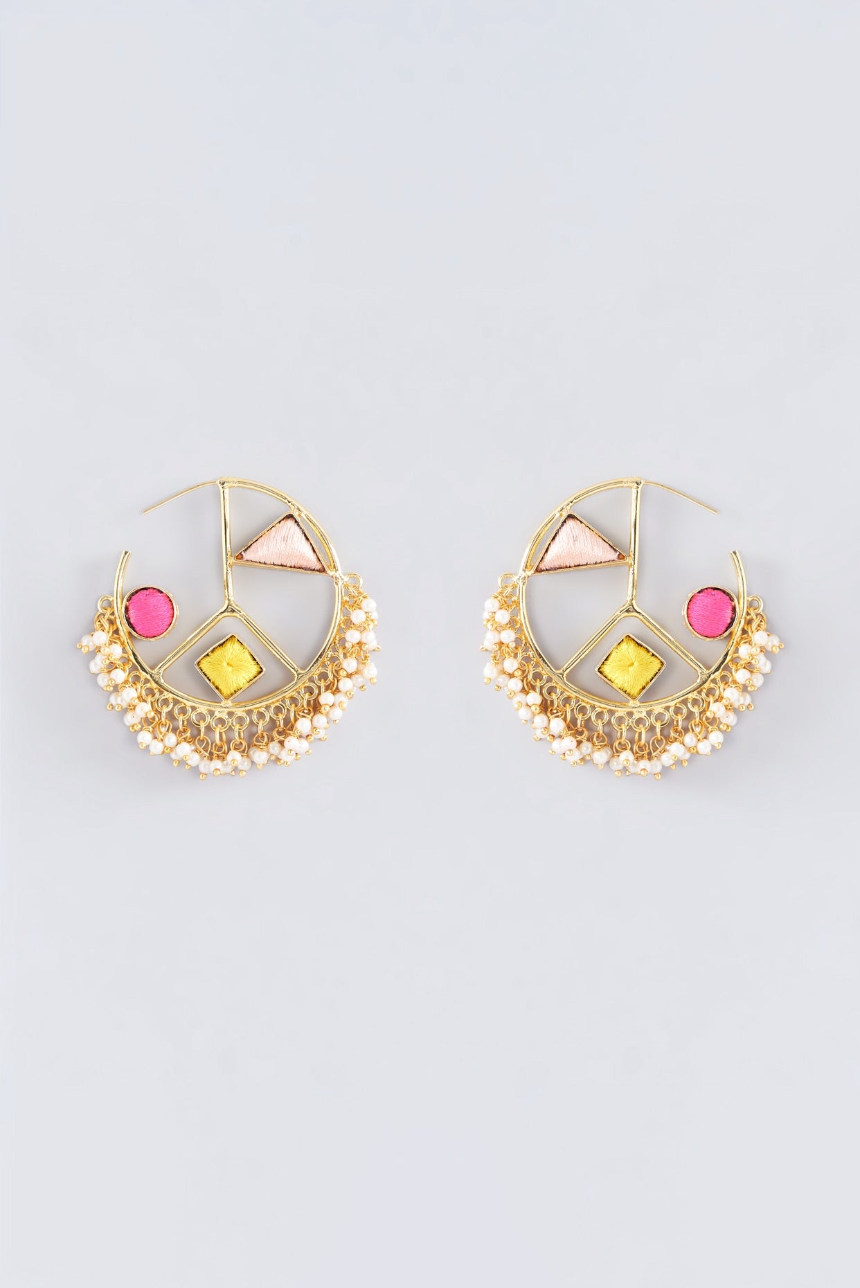 Matte Gold Finish Multi-Colored Thread Embroidered Hoop Earrings