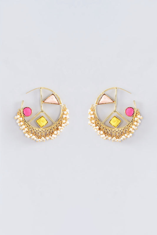 Matte Gold Finish Multi-Colored Thread Embroidered Hoop Earrings