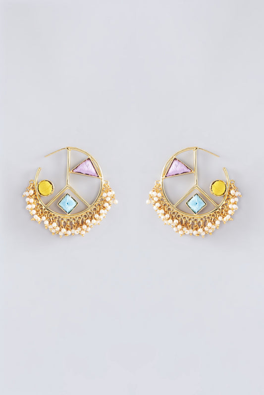 Matte Gold Finish Multi-Colored Thread Embroidered & Pearl Hoop Earrings