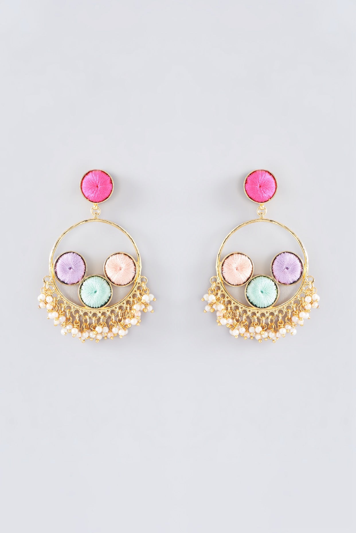 Matte Gold Finish Multi-Colored Thread Embroidered & Pearl Chandbali Earrings