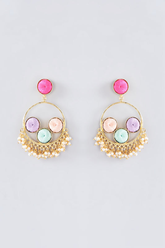 Matte Gold Finish Multi-Colored Thread Embroidered & Pearl Chandbali Earrings