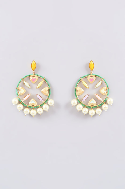 Gold Finish Multi-Colored Bead & Crystal Enameled Dangler Earrings
