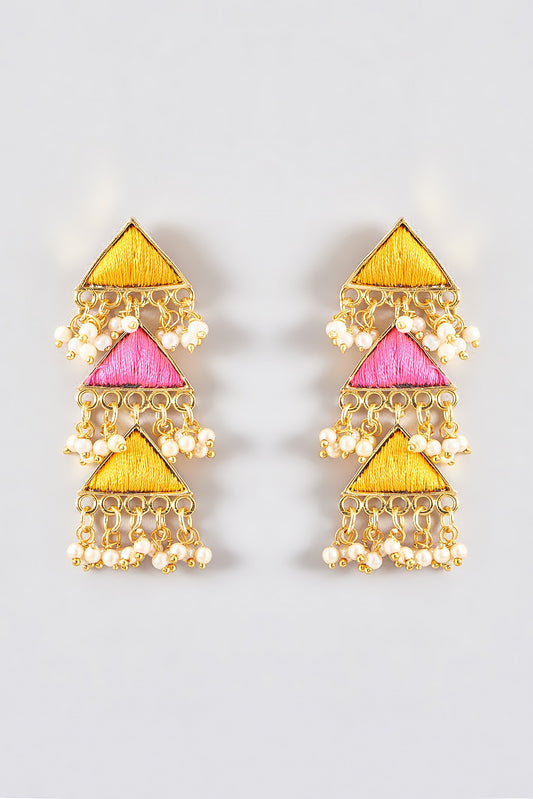 Gold Finish Silk Thread Embroidered Dangler Earrings