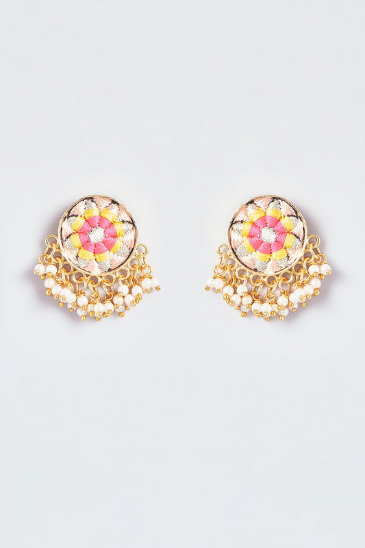 Gold Finish Silk Thread Embroidered Circle Stud Earrings
