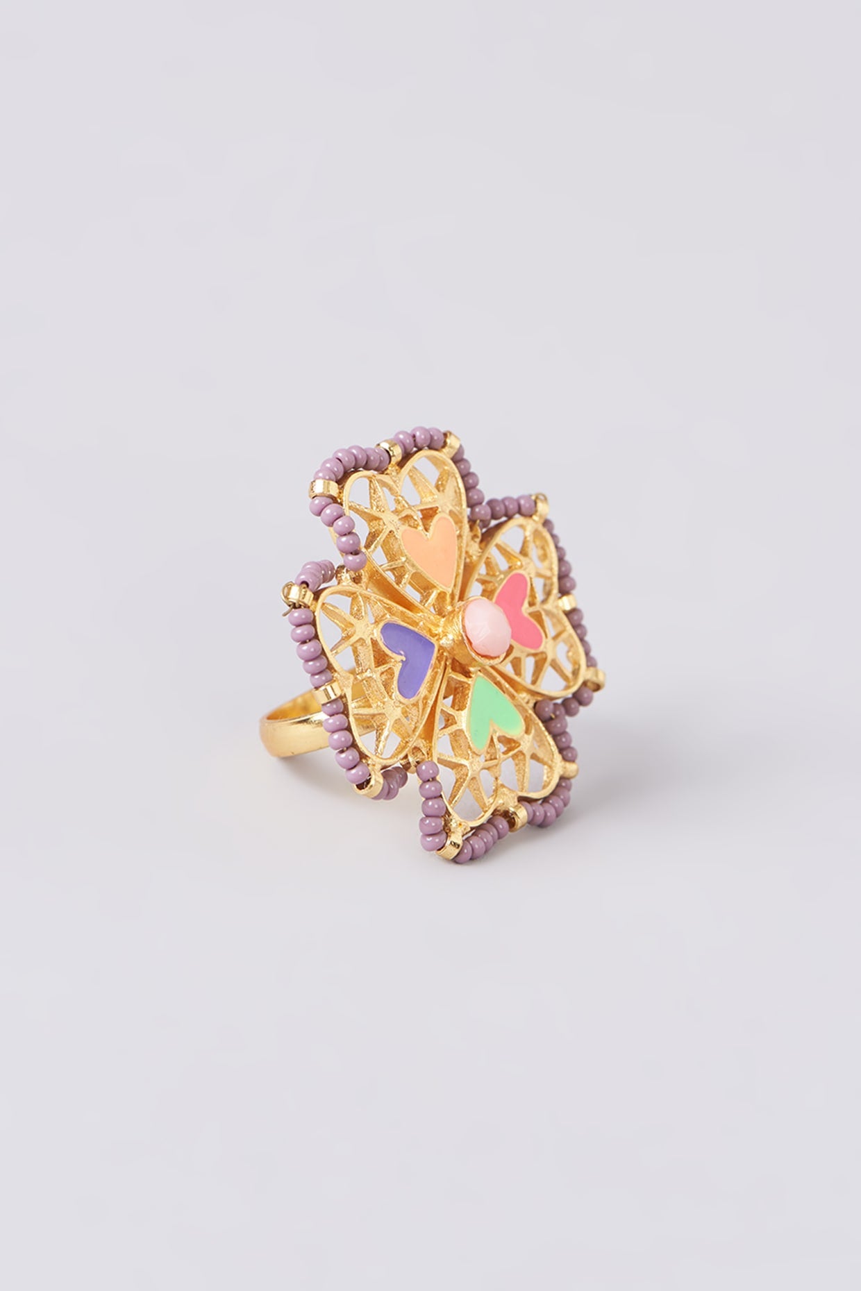 Gold Finish Multi-Colored Bead & Crystal Enameled Ring