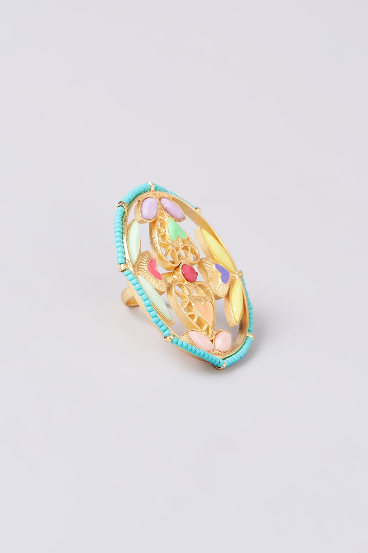 Gold Finish Multi-Colored Bead & Crystal Enameled Ring