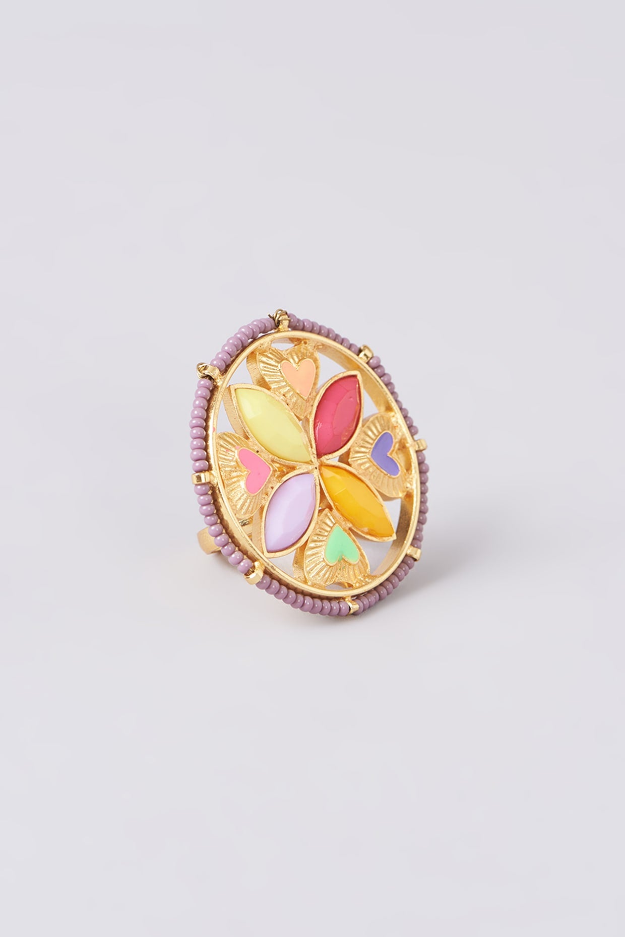 Gold Finish Multi-Colored Bead & Crystal Enameled Ring