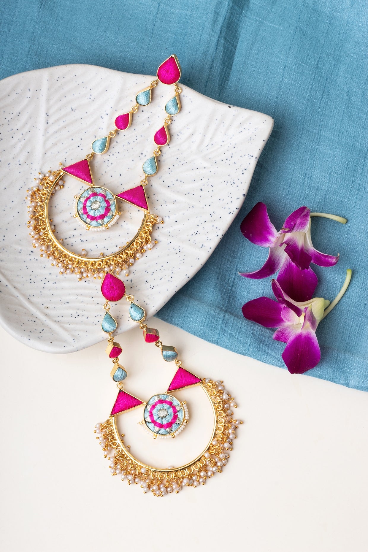 Matte Gold Finish Zari Embroidered & Pearl Dangler Earrings