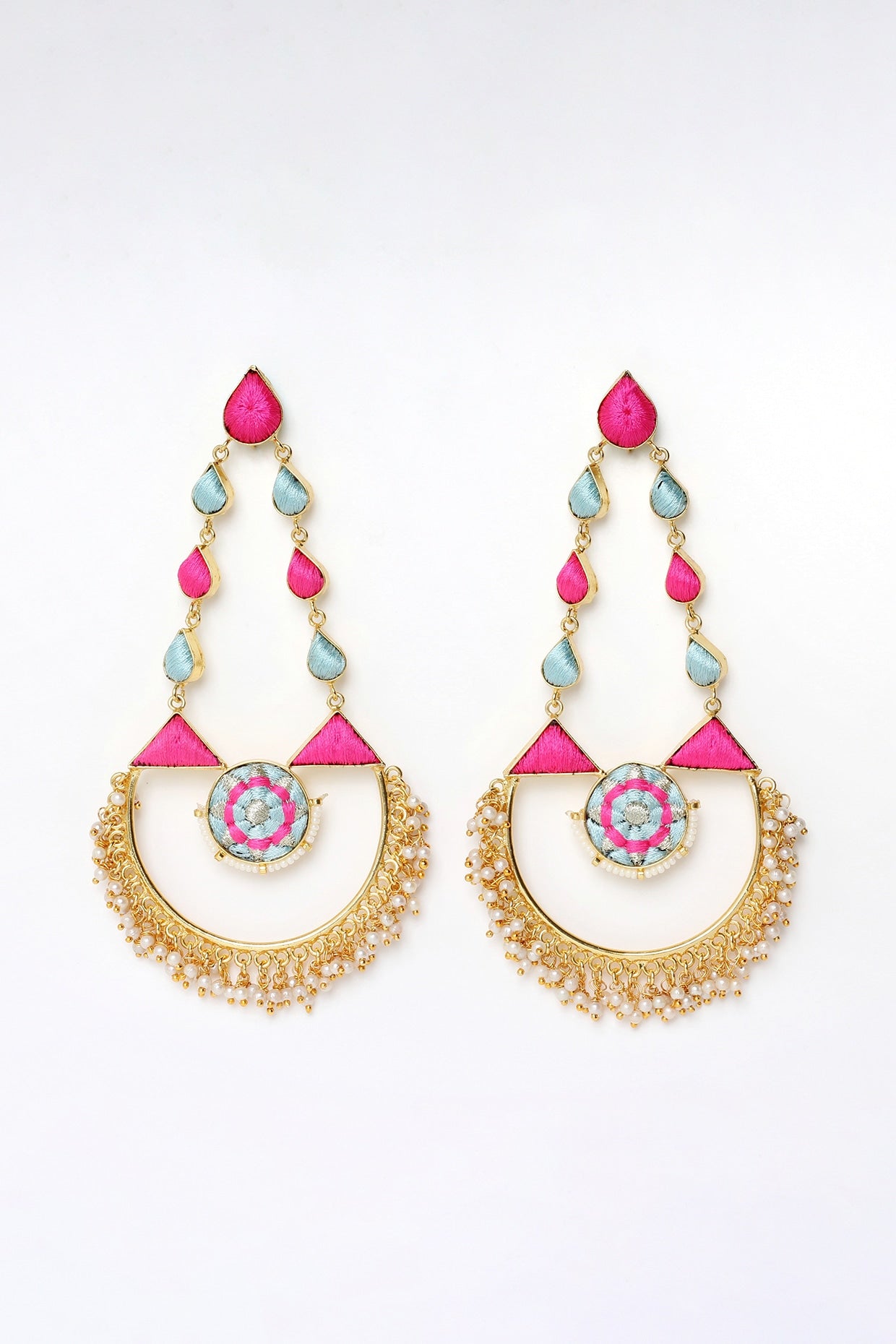 Matte Gold Finish Zari Embroidered & Pearl Dangler Earrings