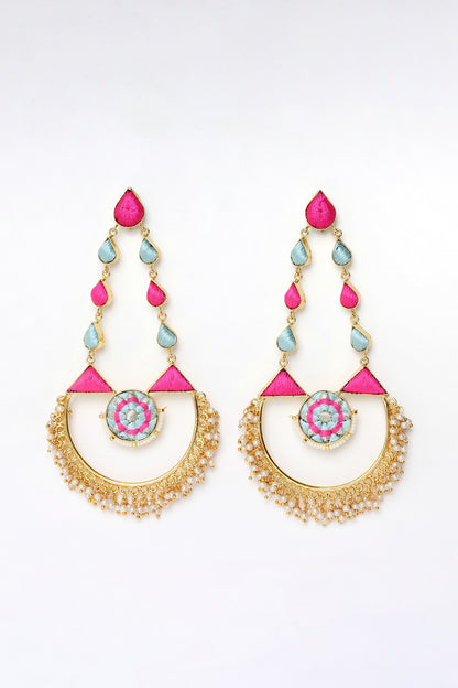 Matte Gold Finish Zari Embroidered & Pearl Dangler Earrings