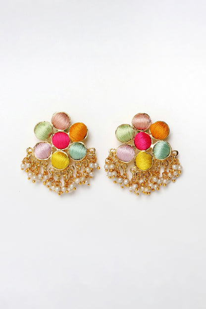 Matte Gold Finish Multi-Colored Embroidered & Pearl Stud Earrings
