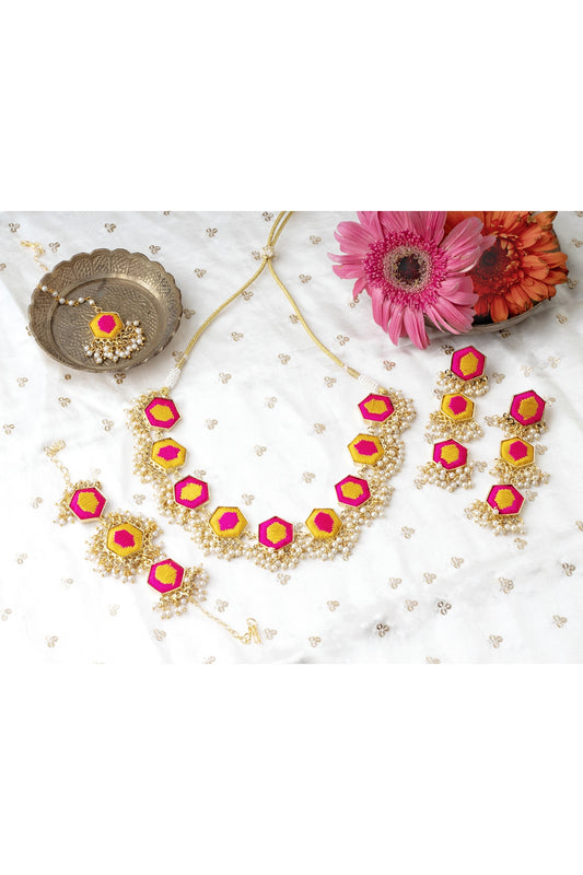 Matte Gold Finish Pink & Yellow Zari Silk Embroidered Layered Necklace Set