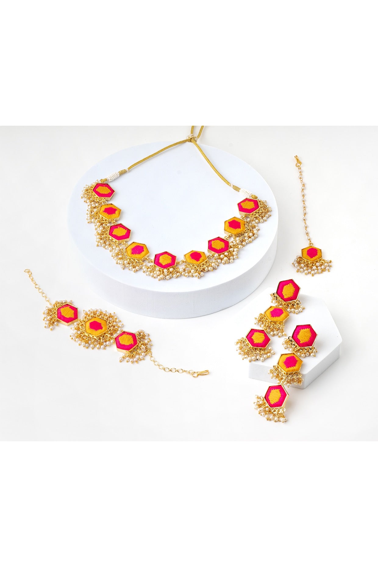 Matte Gold Finish Pink & Yellow Zari Silk Embroidered Layered Necklace Set