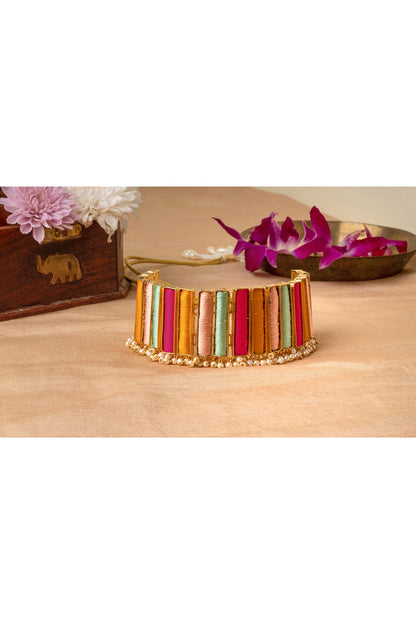 Matte Gold Finish Pearl Hanging Rectangular Choker Necklace Set