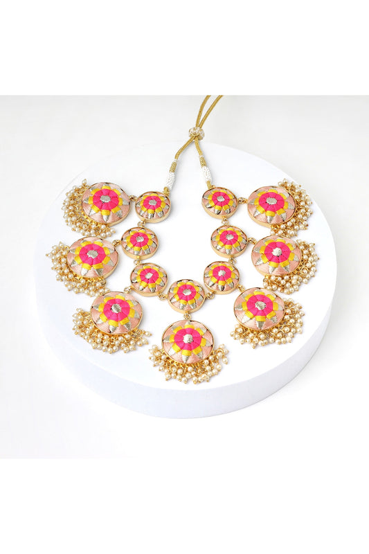 Matte Gold Finish Zari Silk Embroidered & Pearl hanging Layered Necklace