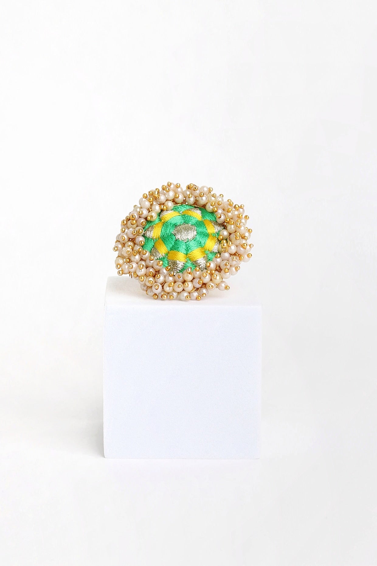 Matte Gold Finish Lime Green & Yellow Embroidered Ring