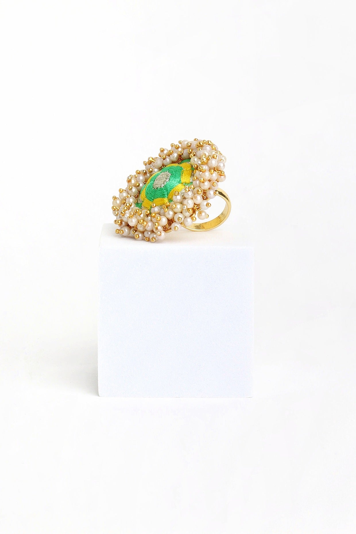 Matte Gold Finish Lime Green & Yellow Embroidered Ring