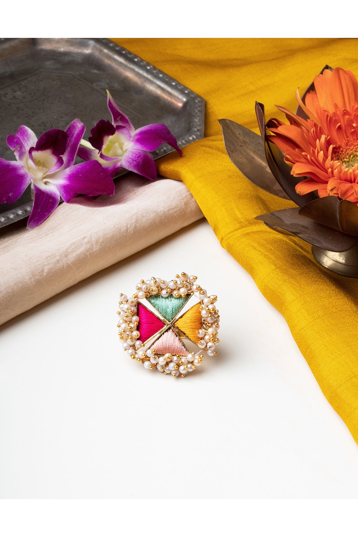 Matte Gold Finish Multi-Colored Embroidered & Pearl hanging Ring