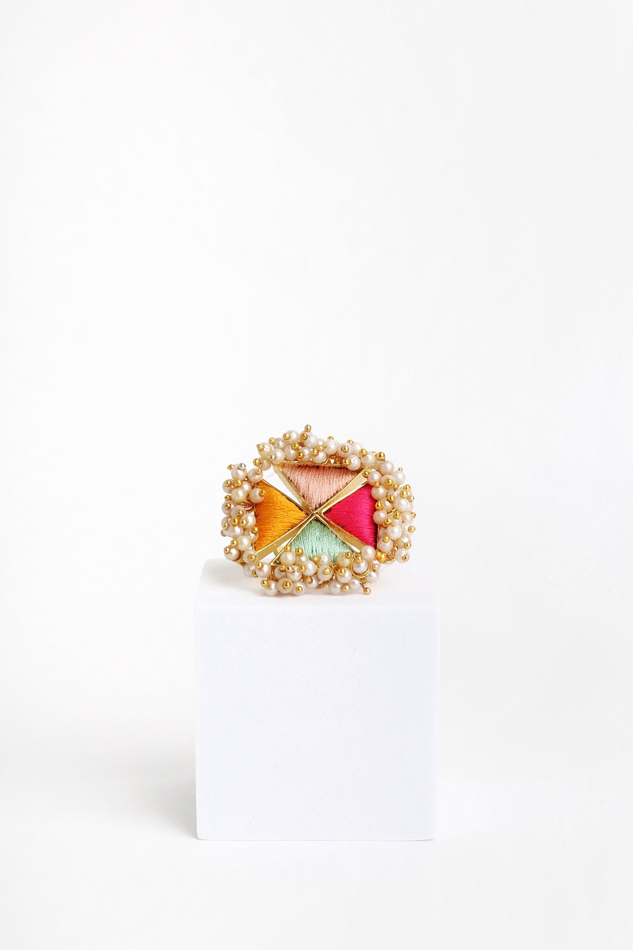 Matte Gold Finish Multi-Colored Embroidered & Pearl hanging Ring