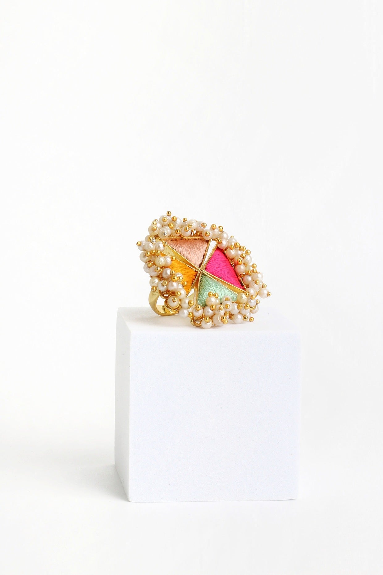 Matte Gold Finish Multi-Colored Embroidered & Pearl hanging Ring