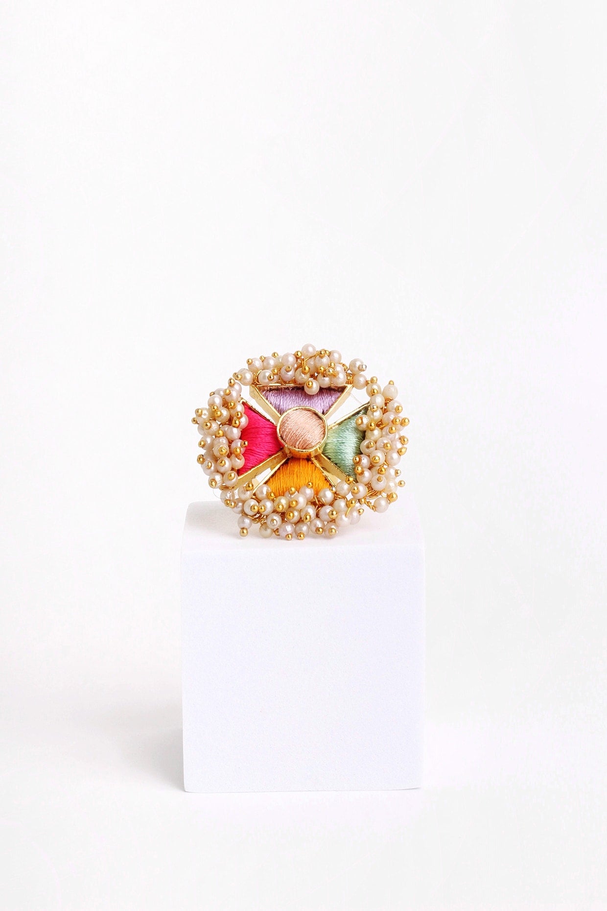 Matte Gold Finish Multi-Colored Embroidered & Pearl Hanging Ring