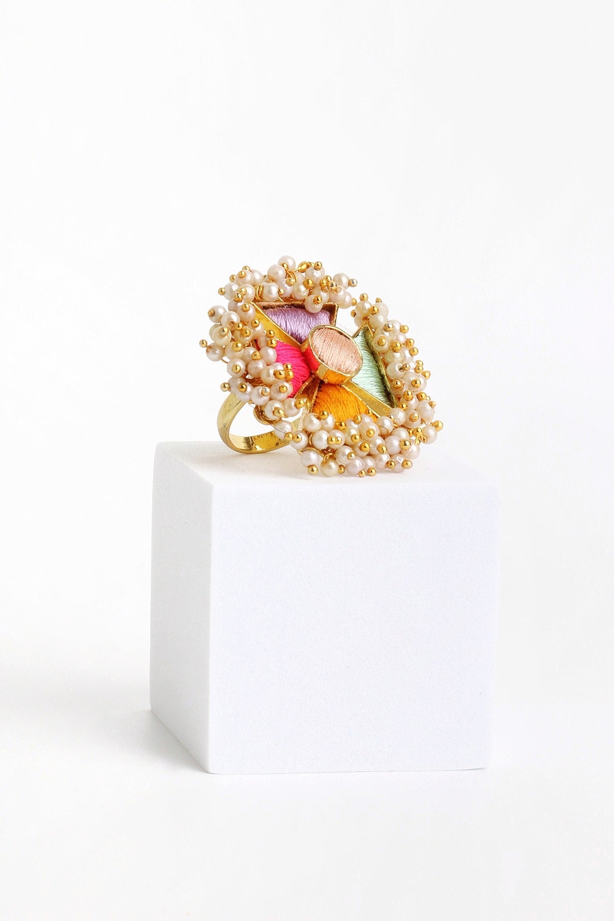 Matte Gold Finish Multi-Colored Embroidered & Pearl Hanging Ring