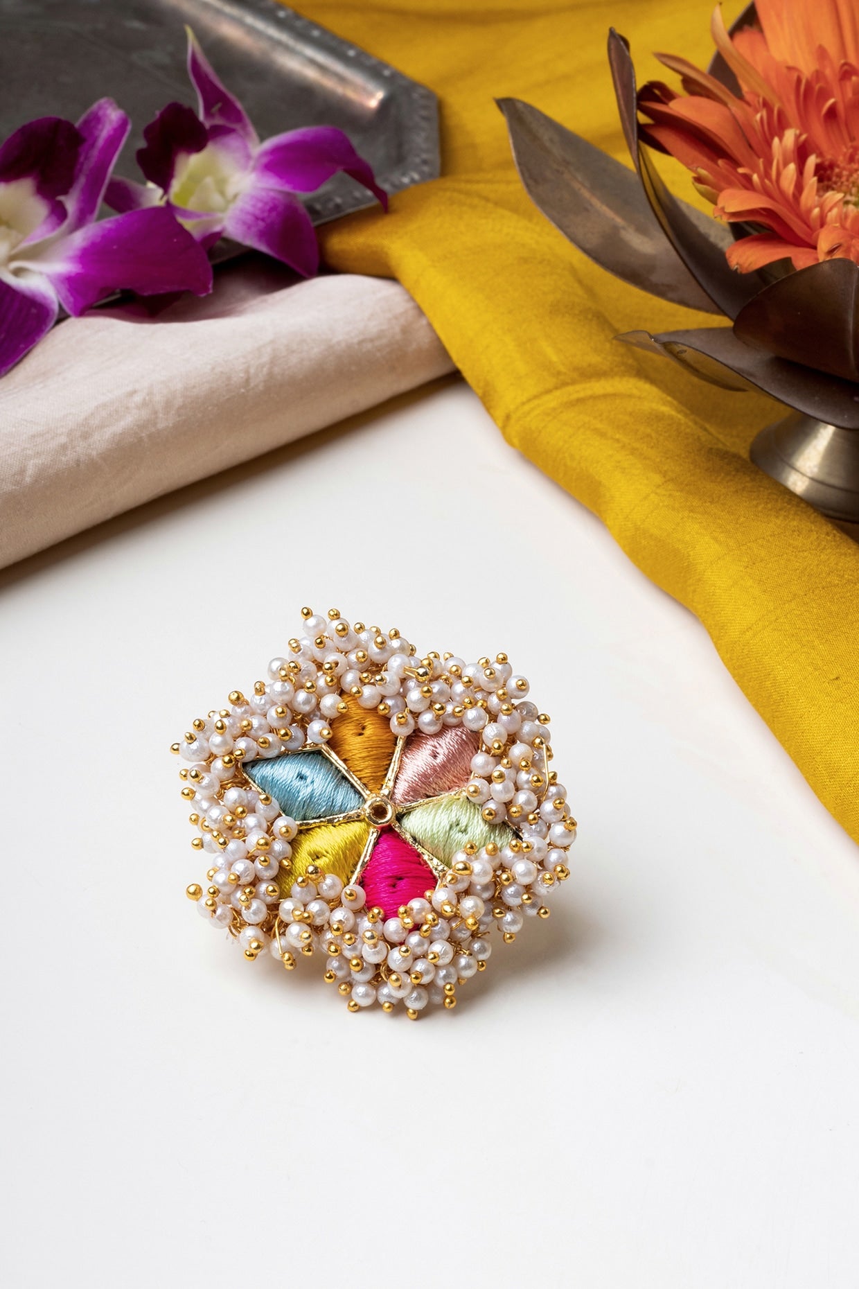 Matte Gold Finish Multi-Colored Embroidered & Pearl Hanging Ring