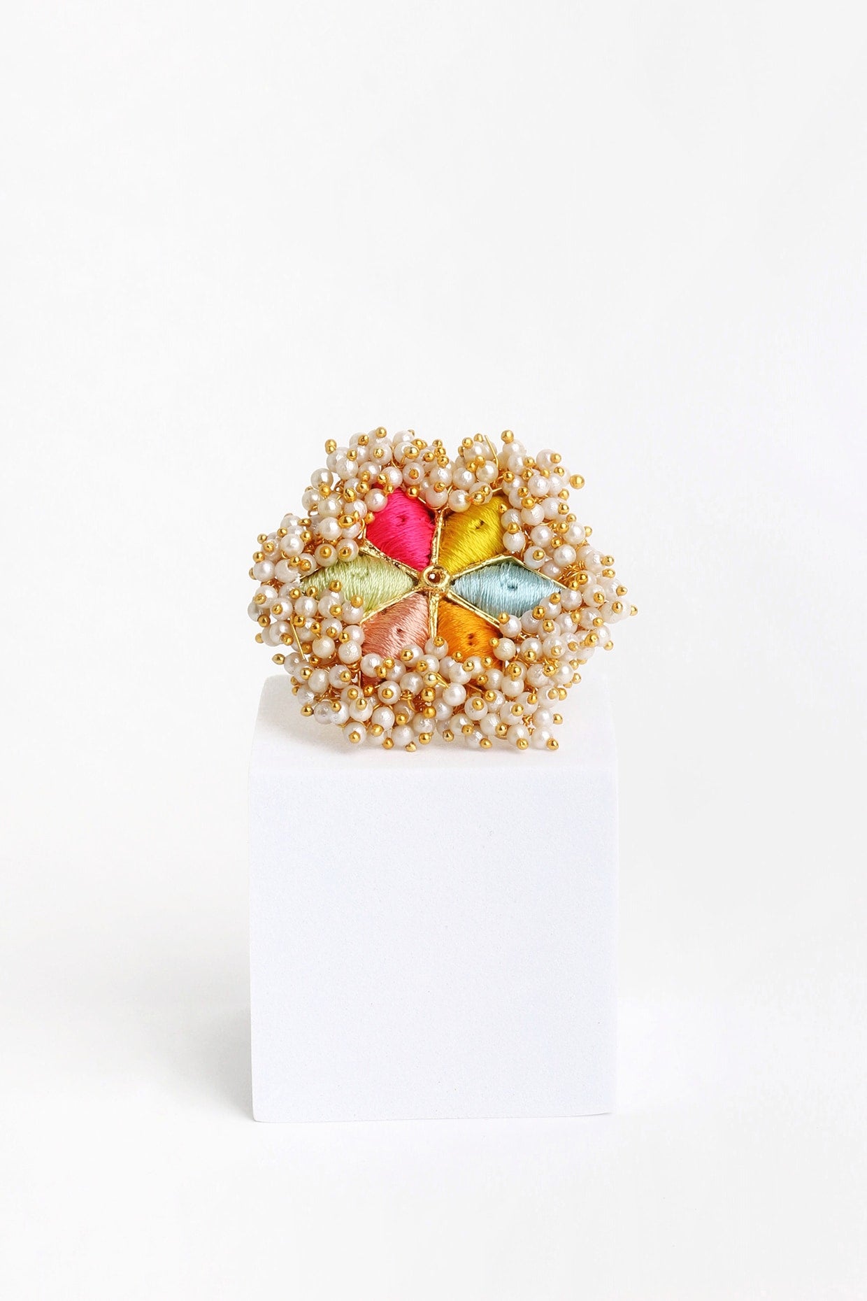 Matte Gold Finish Multi-Colored Embroidered & Pearl Hanging Ring