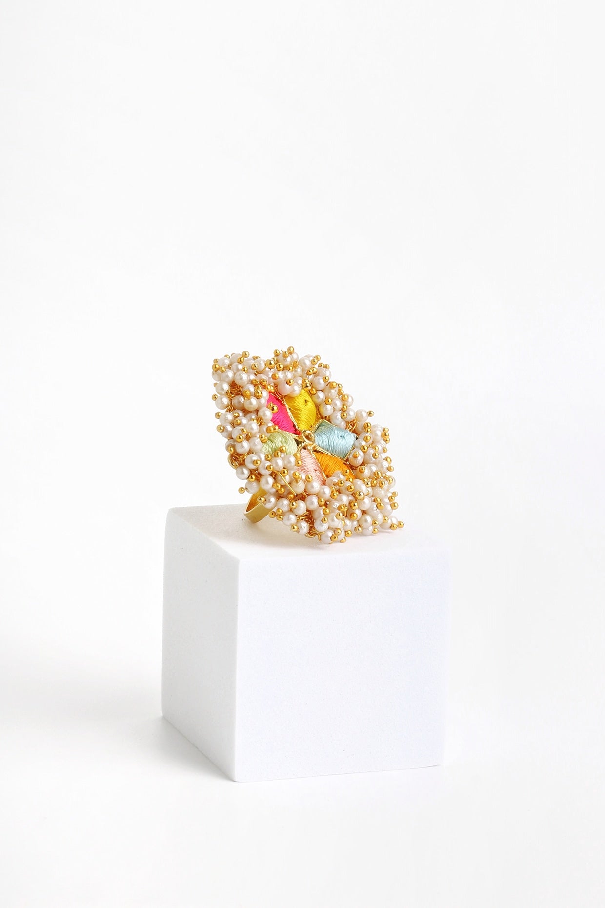 Matte Gold Finish Multi-Colored Embroidered & Pearl Hanging Ring