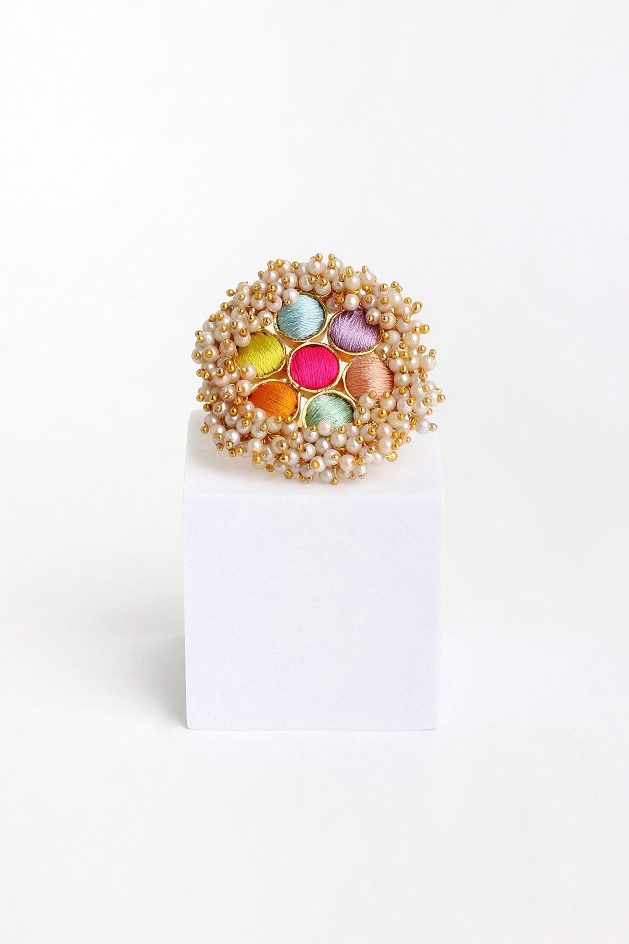 Matte Gold Finish Multi-Colored Embroidered & Pearl Hanging Ring