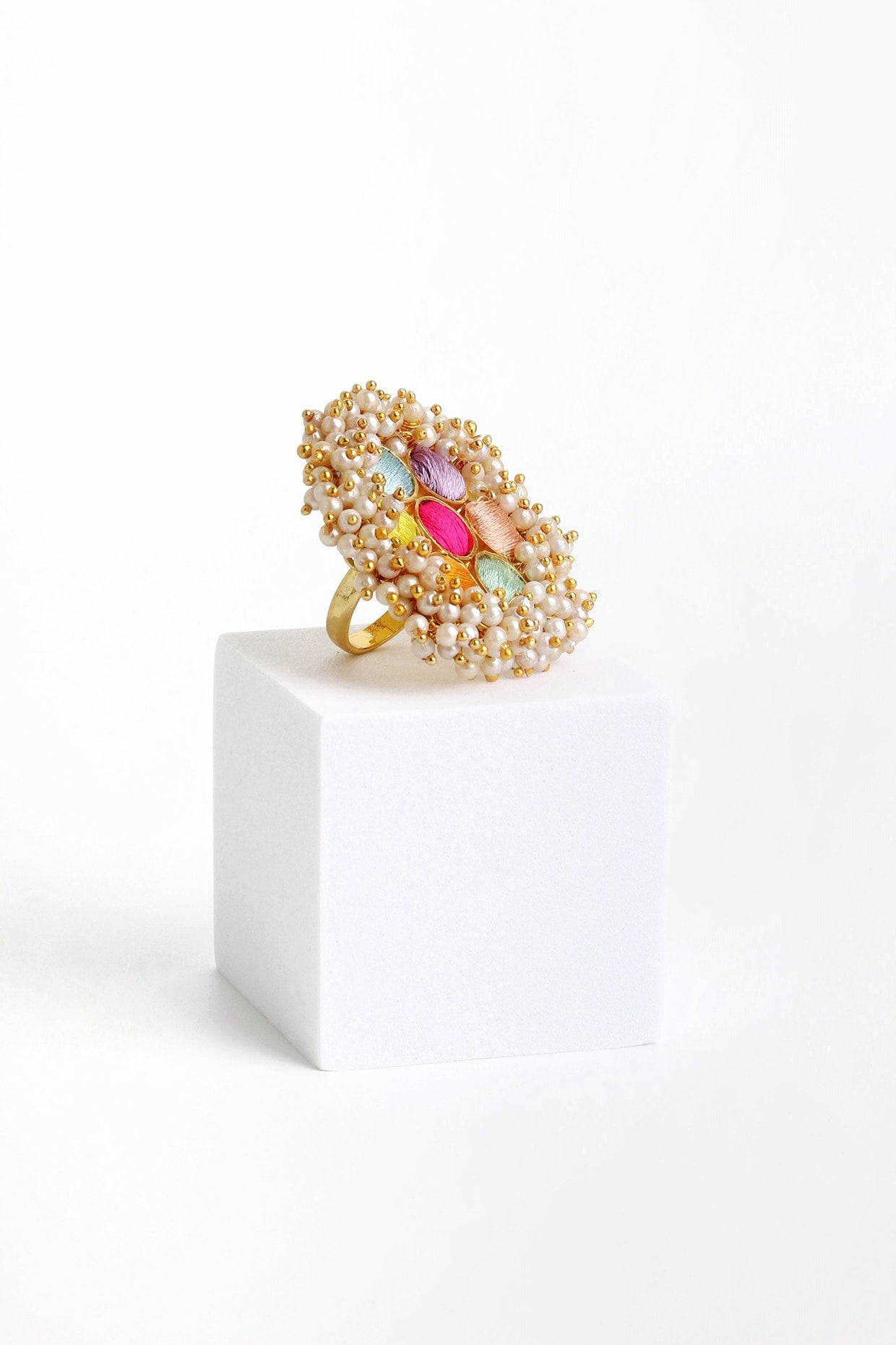 Matte Gold Finish Multi-Colored Embroidered & Pearl Hanging Ring