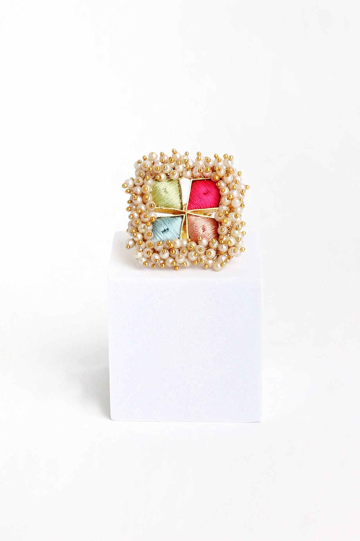 Matte Gold Finish Multi-Colored Embroidered & Pearl Hanging Ring