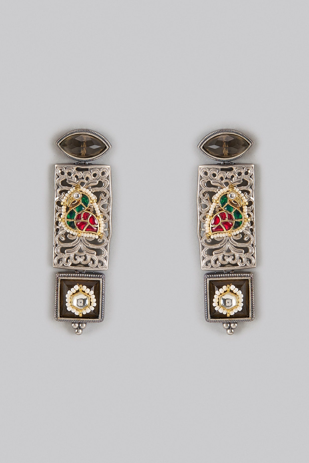 Oxidized Silver Finish Kundan Polki Dangler Earrings